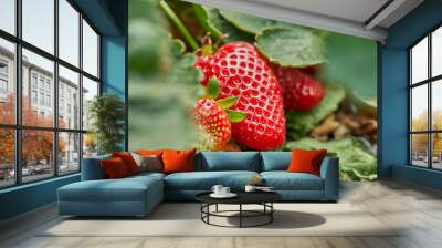 Picking fresh strawberries on the farm, Close up of fresh organic strawberries growing on a vine Wall mural