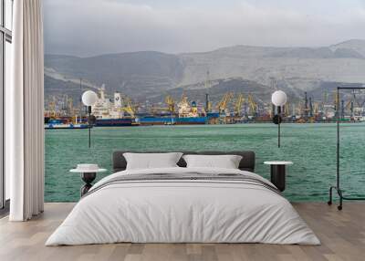 Novorossiysk, Russia - March 25, 2020. - Port cranes along pier of Novorossiysk Commercial Sea Port. Large number of port cranes on blurred background of Caucasus mountains. Selective focus. Wall mural