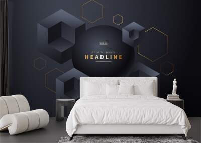 Abstract black background with 3d geometric shapes. Futuristic background in techno style. Vector illustration. Wall mural