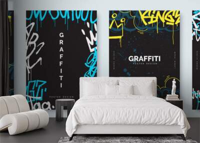 Abstract graffiti poster with colorful tags, paint splashes, scribbles and throw up pieces. Street art background collection. Artistic covers set in hand drawn graffiti style. Vector illustration Wall mural