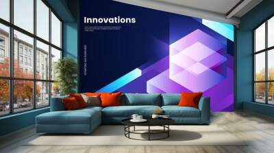 Abstract isometric background with glassy glowing cube and geometric shapes. Futuristic digital background in 3d style. Ideal for landing page, web banner, poster. Vector illustration Wall mural