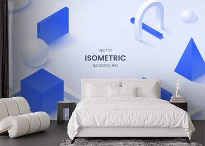 Abstract isometric background with white and blue geometric shapes and place for text. Composition with simple matte 3d shapes. Ideal for poster, presentation, banner, web page. Vector illustration Wall mural