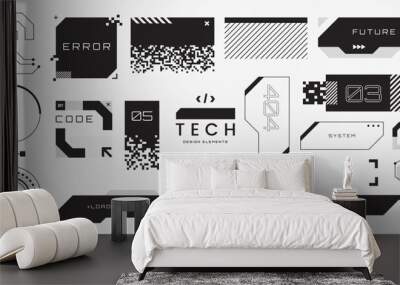 Abstract tech elements collection. Futuristic HUD design elements. Hi-tech cyberpunk frames and borders. Modern sci-fi banners. Black and white colors. Vector illustration Wall mural