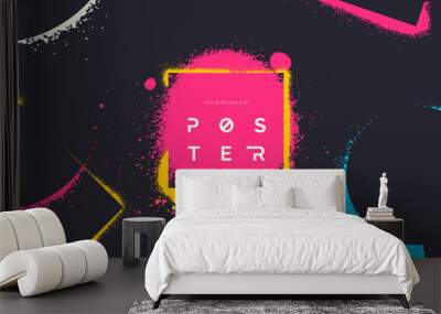 Abstract vector background with spray paint texture. Graffiti backdrop with blots of paint and place for text in neon colours. Minimalist poster concept. Art banner design. Grunge style. Wall mural