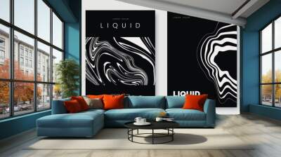 Black and white abstract poster design with liquid lines. White curves and wavy lines on dark black background. A4 size. Ideal for banner, flyer, invitation, cover, business card. Vector illustration Wall mural