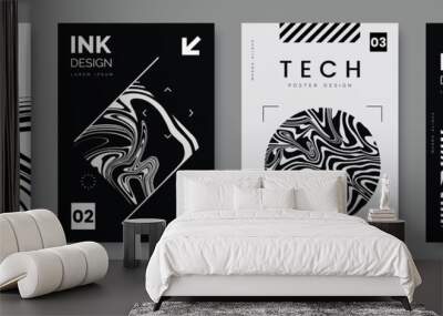 black and white poster design with liquid and curve lines, abstract geometric shapes and place for t Wall mural