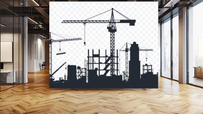 Black silhouette of a construction site isolated on transparent background. Construction cranes over buildings. City development. Urban skyline. Element for your design. Vector illustration. Wall mural