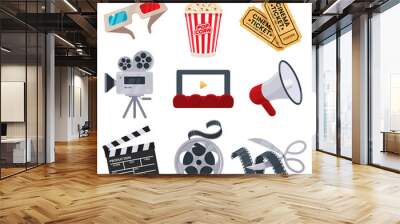 cinema icons set in flat style. movie industry objects. colorful cinema illustrations isolated on wh Wall mural