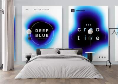 Collection of A4 posters with curved dark blue shape on white background. Modern abstract blue banner design with blurred blob and place for text. Ideal for flyer, booklet, cover, ad. Wall mural