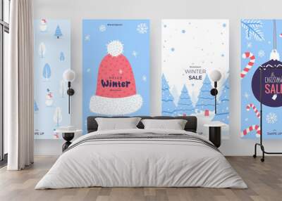 Colorful christmas banners with cute winter illustrations. Set of winter social media stories template. Background collection with place for text. Use for event invitation, promo, ad. Vector eps 10 Wall mural