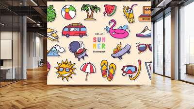 Colorful Summer stickers set in cartoon style. Summer holidays design elements - accessories, tropical plants, beach items, travel and sports objects, etc. Vector illustration Wall mural