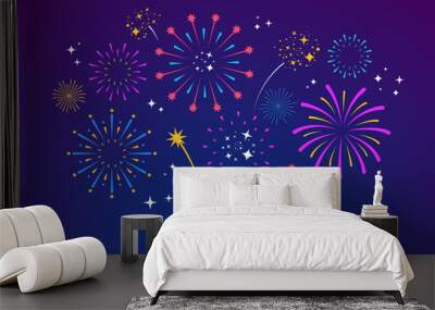 Decorative colorful fireworks explosions isolated on dark background. New Year's Eve fireworks. Festive sparks and explosions. Element for yor design. Vector illustration Wall mural