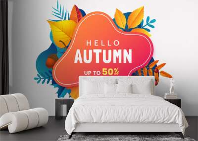 Fall sale banner design. Autumn sale sticker template. Abstract geometric background with colorful falling leaves. Fallen foliage backdrop. Promo badge for your seasonal design. Vector illustration. Wall mural