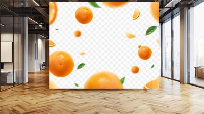 Falling juicy oranges with green leaves isolated on transparent background. Flying defocusing slices of oranges. Applicable for fruit juice advertising. Vector illustration. Wall mural