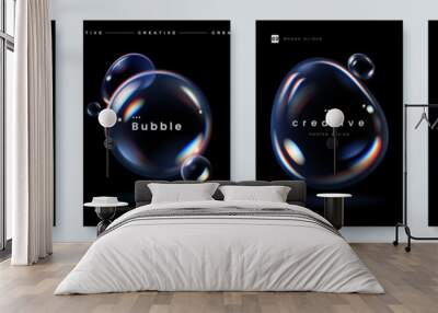 Glowing soap bubbles on black background. Creative poster set with realistic iridescent bubble of different shapes and place for text. A4 size. Vector illustration Wall mural