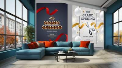 Grand opening invitation flyer with red and gold cut ribbons and scissors. Golden text on luxury background. Falling confetti with white balloons. Opening invitation design. Vector eps 10. Wall mural