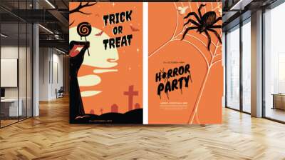 Halloween posters collection with different scary illustrations in orange and black colours. Creepy halloween greeting card design in a4 size. Ideal for party invitation, event, social media, banner. Wall mural