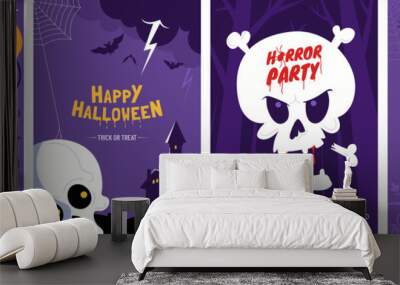 Happy Halloween greeting card collection. Halloween posters design with different scary illustrations - carved pumpkin, witch cauldron, skulls. Ideal for event invitation, social media, banner. Wall mural