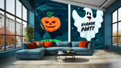 Happy Halloween greeting card collection. Halloween posters design with different scary illustrations. Ideal for event invitation, party flyer, social media post, banner. Vector eps 10 Wall mural