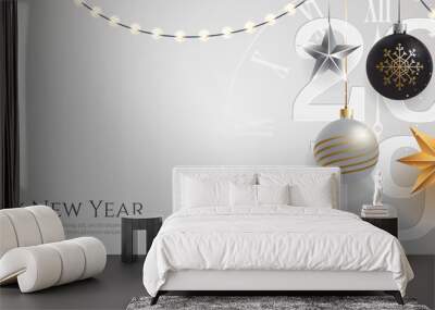 Happy new year 2019 banner template with copy space. Hanging Christmas toys and garlands with light bulbs on wihte background. Winter Holiday card concept. Vector eps 10. Wall mural