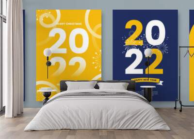 Happy New Year 2022 greeting card collection. Posters template with minimalistic graphics and typography. Creative concept for banner, flyer, branding, cover, social media. Vector illustration. Wall mural