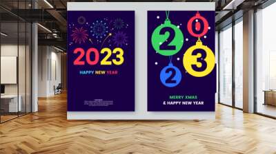 Happy New Year 2023 greeting card collection in neon colours. Posters template with minimalistic graphics and typography. Creative concept for banner, flyer, cover, social media. Vector illustration. Wall mural