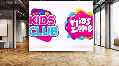 Kids zone colorful banner set. Colorful caramel text on abstract background. Sign for children's game room. Funny cartoon frames. Bright decoration element for childish party. Vector eps 10. Wall mural