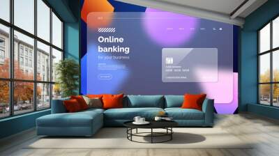 Landing page template in glassmorphism style. Horizontal Website screen with glass overlay effect isolated on abstract background. Online banking concept. Vector illustration. Wall mural