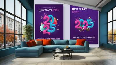 New Year's Eve party invitation poster with colorful 3D numbers 2025 surrounded by Christmas tree decorations and falling confetti. A4 flyer with creative illustration and space for text. Wall mural