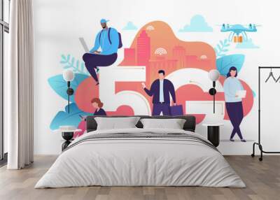 People with gadgets use high-speed Internet vector illustration. 5G network wireless technology. Small characters near big 5G sign. Flat cartoon style. Concept for your design. Eps 10 Wall mural