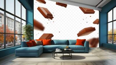 Realistic falling chocolate pieces isolated on transparent background. Levitating defocusing milk chocolate chunks. Applicable for packaging background, advertising, etc. Vector illustration. Wall mural