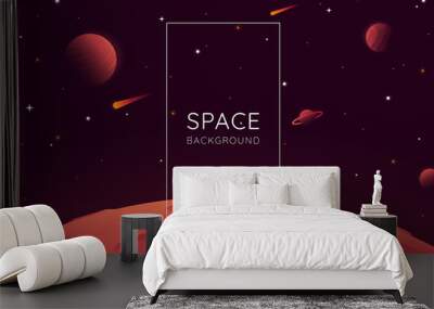 Red planet landscape vector illustration. Space background with place for text. Surface of the planet with craters. Space decoration for your design. Stars and comets on dark background. Eps 10 Wall mural