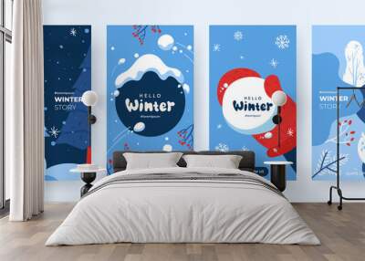 Set of abstract winter backgrounds for social media stories. Colorful winter banners with falling snowflakes, snowy trees. Wintry scenes . Use for event invitation, discount voucher, ad. Vector eps 10 Wall mural