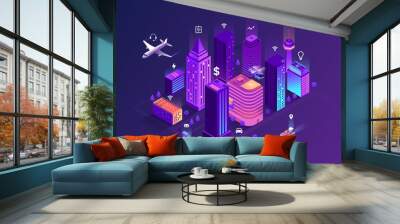 Smart city isometric illustration. Intelligent buildings. Streets of the city connected to computer network. Internet of things concept. Business center with skyscrapers. Eps 10 Wall mural