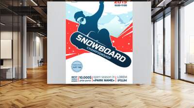 Snowboarding championship flyer concept. Contest poster with Snowboarder Silhouette on abstract winter background. Extreme winter sport. Applicable for invitation design, banners, flyers. Vector eps10 Wall mural