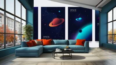 Space poster set. Outer space background with place for text. Cosmos scenes with planets, stars, comets. Vector illustration of galaxy. Greeting card collection in sci-fi style. Wall mural