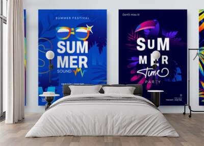 Summer Festival poster collection. Summer flyer design. Abstract background in A4 size with tropical nature motives and place for text. Ideal for season event invitation, promo. Vector illustration Wall mural