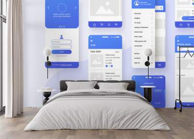 User interface design template in blue colors. Conceptual mobile phone screen mock-up for application interface presentation. UI, UX, GUI kit isolated on grey background. Vector eps 10. Wall mural