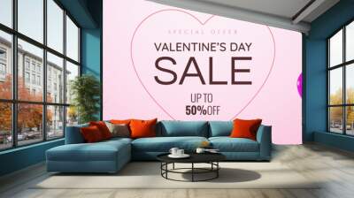 Valentines day Sale promotion web banner with glossy red, pink and purple balloons on pinky background. Falling blue festive confetti. St. Valentine's Day greeting card template. Vector eps 10. Wall mural