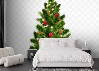 Vector christmas tree isolated on transparent background. Beautiful shining christmas tree with decorations - balls, garlands, bulbs, tinsel and a golden star at the top. Realistic style. Eps 10 Wall mural