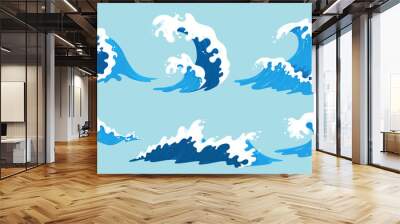 Vector sea waves collection. Illustration of blue ocean waves with white foam. Isolated water splash set in cartoon style. Element for your design. Wall mural