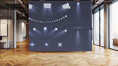 Vector Stadium spotlights. Scene spotlights set isolated on transparent background. Bright illumination. light sources for your design. Glowing stars. Eps 10. Wall mural