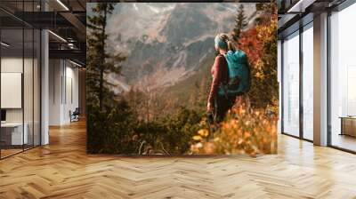  Young traveler hiking girl with backpacks. Hiking in mountains. Sunny landscape. Tourist traveler on background view mockup. High tatras , slovakia Wall mural