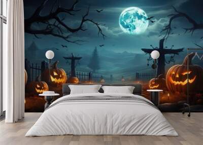 A spooky scary forest with a pumpkin, bat, moon on a scary halloween night. Generative ai Wall mural