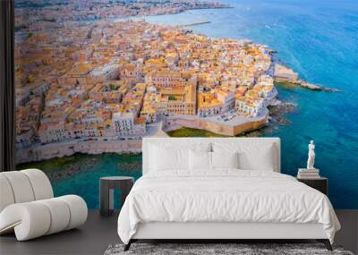 Aerial of Ortigia island, old town with turquoise sea of Syracuse. Small island on Sicily, Italy. Wall mural