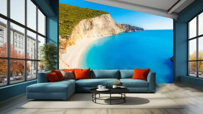 Beach of Port Katsiki with turquoise shining ocean on the island of Lefkada, Ionian Sea, Greece Wall mural