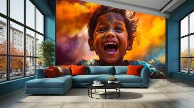 Boy play with colors .Indian festival Holi.. Explosion of multi-colored paint powder. Wall mural