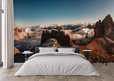 Dolomites, Three Peaks of Lavaredo. Italian Dolomites with famous Three Peaks of Lavaredo, Tre Cime , South Tyrol, Italy,.People climbing on a via ferrata route paternkofel. Wall mural