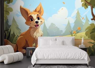 Funny dog in nature. Drawn cartoon animal pet illustration. Generative ai Wall mural