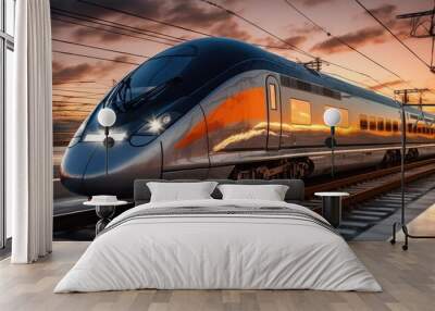 High speed train in motion on the railway station at sunset. Fast moving modern passenger train on railway platform. Railroad with motion blur effect. Generative ai Wall mural